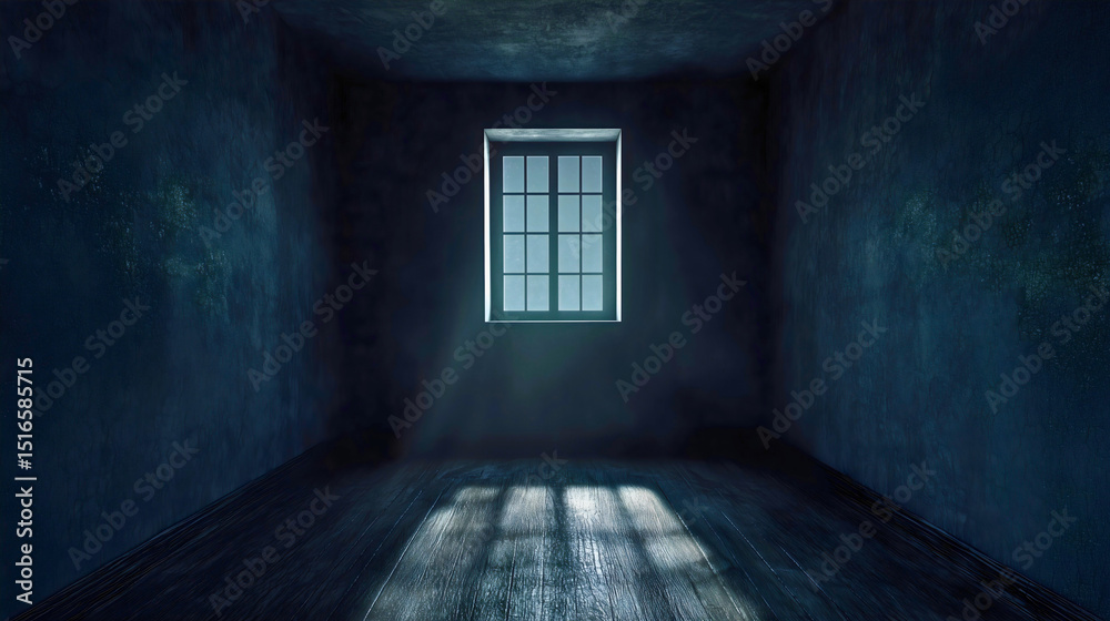 A terrifying horror room that is completely empty with one old window through which moonlight shines. A terrifying horror room that is completely empty with one old window through which moonlight shines.