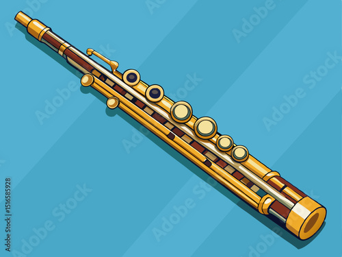 A professional vector of a classical flute placed horizontally on a solid pale blue background