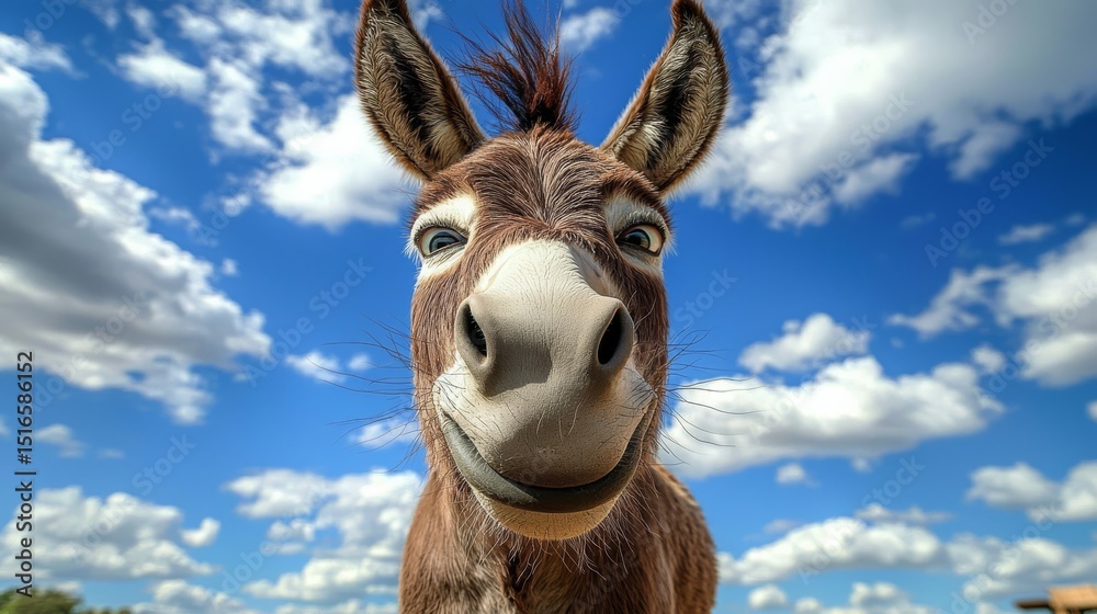 Obraz premium Close-Up Donkey Portrait Playful Expression Against Blue Sky, Animal Photography, Digital Art, Donkey, Smile Donkey, Equine