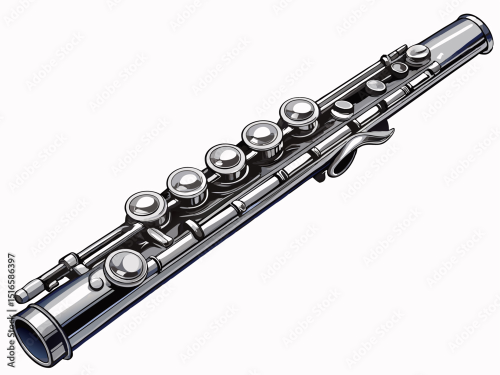 Fototapeta premium A high-quality vector illustration of a silver concert flute with detailed keys and mouthpiece, isolated on a white background