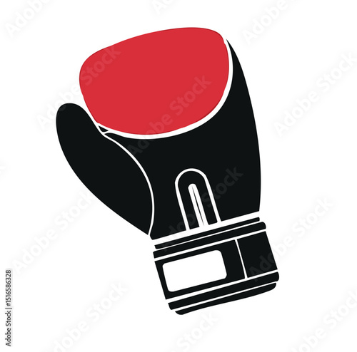 Vector illustration of a stylized black and red boxing glove with bold color contrast and simplified design on a clean white background, emphasizing graphic minimalism and modern sports symbolism

