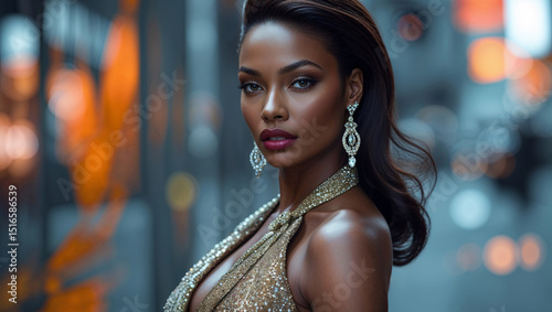 Elegant woman in a golden dress poses for a glamorous portrait, showcasing beauty and style.