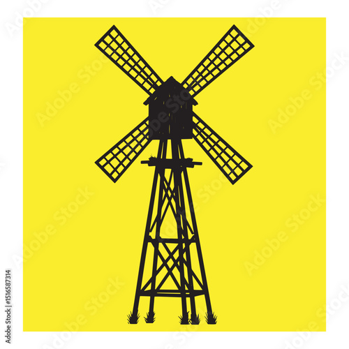 Silhouetted black windmill on bright yellow background illustrating rural concept