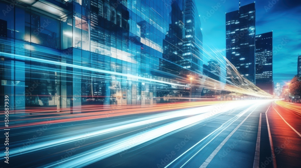 Obraz premium Light trails on the modern building background. Light trails at night in urban environment, Abstract Motion Blur City, traffic, transportation, street, road, speed.