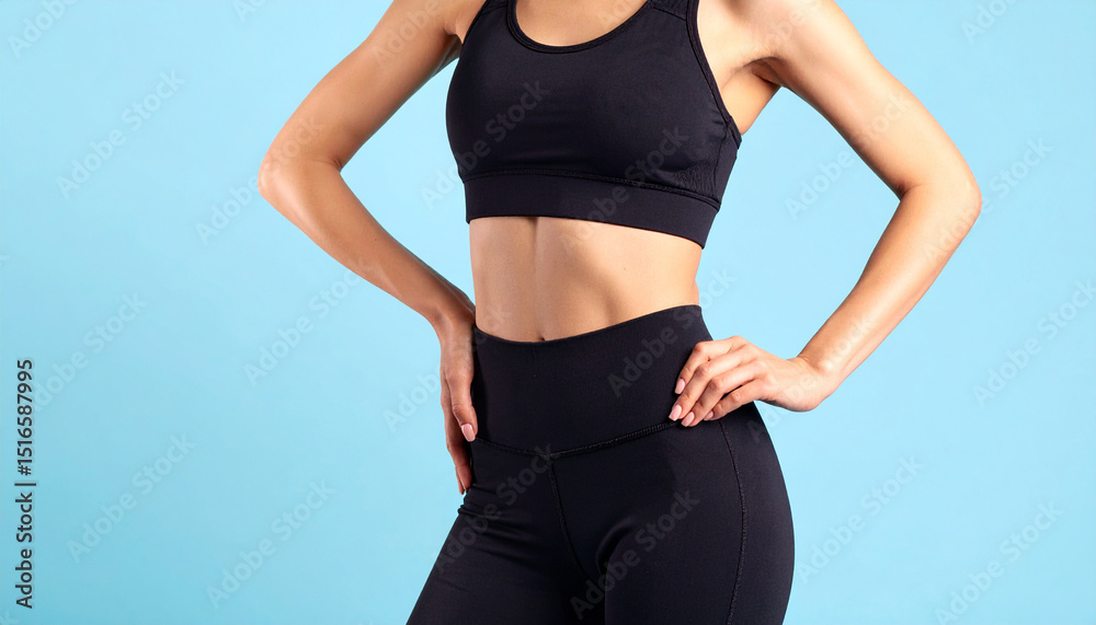 Fototapeta premium 引き締まったウエストの日本人女性・水色背景のフィットネス素材 Toned Waistline of a Japanese Woman in Black Sportswear – Light Blue Fitness Background