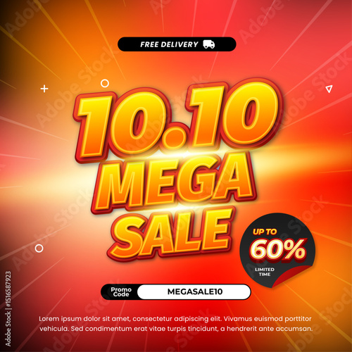 10.10 Mega Sale discount deals with vibrant black red yellow abstract gradient Editable text effect Promotion banner