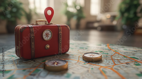 travel-related icons like compass, suitcase, and map marker over a stylized street map background photo