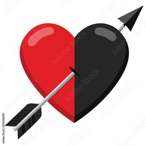 Vector of a Shiny Red Heart with Arrow Through It, Featuring Glossy Highlights and Deep Shadows for a Romantic Valentine’s Day Design