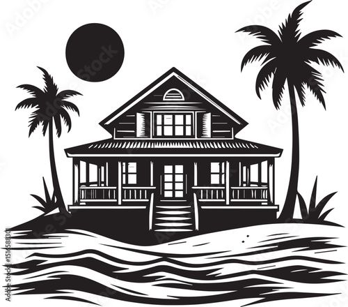 Beach house silhouette vector illustration