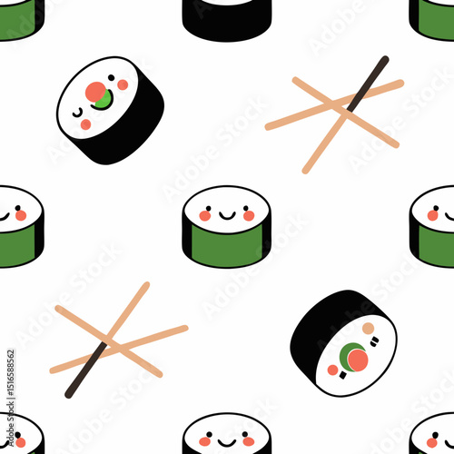 seamless kawaii sushi pattern   smiling sushi roll.svg