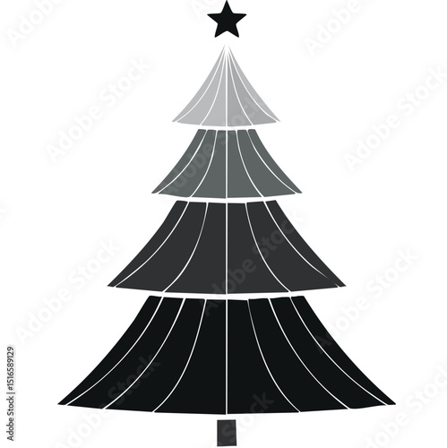 Stylized Monochrome Christmas Tree Vector Design Featuring Triangular Tiers, Star Topper, and Ornament Details in a Stencil-Like Festive Layout on White Background

