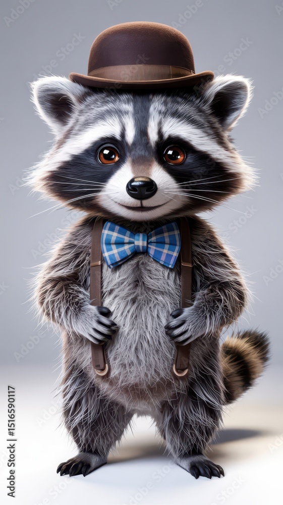 Obraz premium Cute raccoon wearing a brown hat, blue checkered bow tie, and suspenders standing upright on a light background