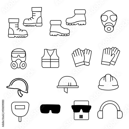 This safety icon set features clear, professional illustrations representing essential PPE and workplace safety elements, ideal for construction sites, manuals, signage, and safety awareness campaigns