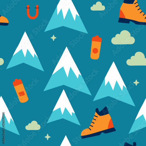 seamless mountain and tent pattern   hiking boots  