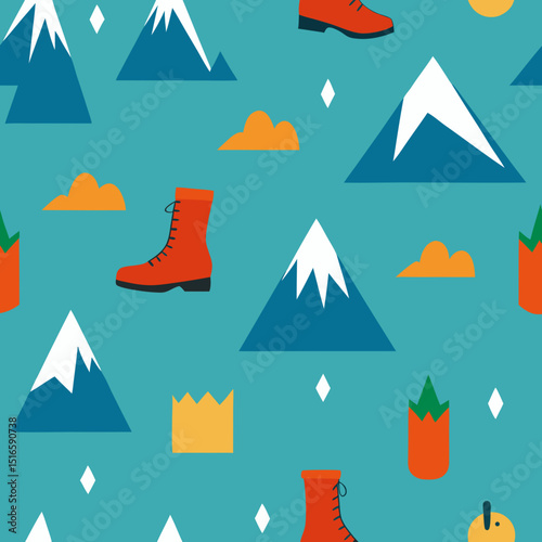 seamless mountain and tent pattern   hiking boots .svg