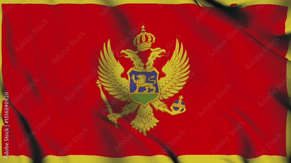 The Montenegro country flag waves in the wind.