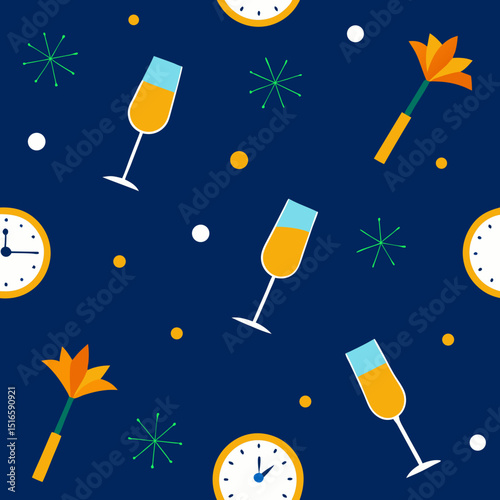seamless new year s eve pattern   clocks  champagn 