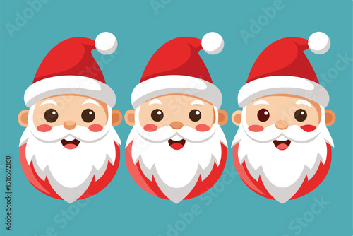 Three Cheerful Cartoon Santa Claus Heads on a Blue Background