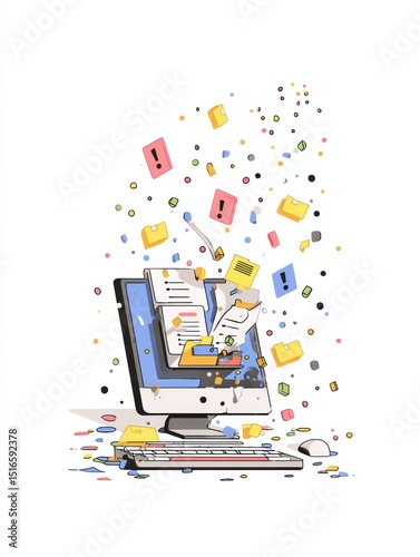 Crashed Computer With Flying Files and Exclamation Marks Creating a Chaotic Digital Environment