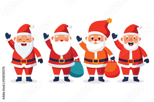 Four Cheerful Cartoon Santa Clauses Waving and Holding Gift Sacks