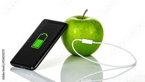 Creative concept of smartphone charging from green apple with USB cable on white background representing natural energy
