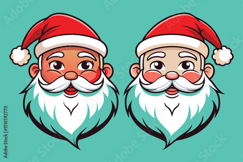 Two Cartoon Santa Claus Faces with Different Skin Tones on Teal Background