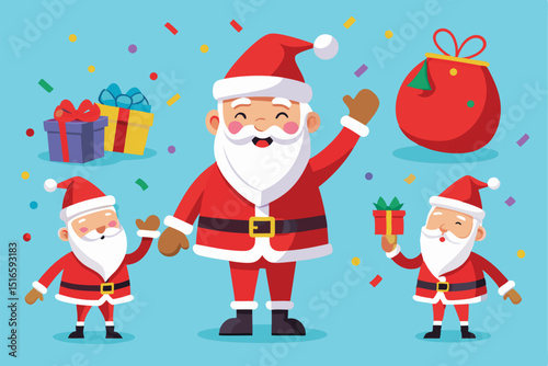 Cute Santa Claus Characters with Gifts and Confetti on Blue Background