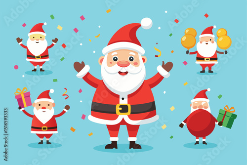 Festive Santa Claus Cartoon Characters with Confetti on Light Blue Background