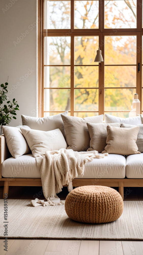 Fototapeta premium Cozy living room with couch, pillows, blanket, and autumn view
