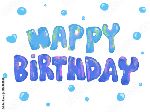 Cute hand drawn colorful bright vibrant colors happy birthday text word lettering in sea ocean beach birthday party balloons summer theme design doodle kids illustration clipart sticker