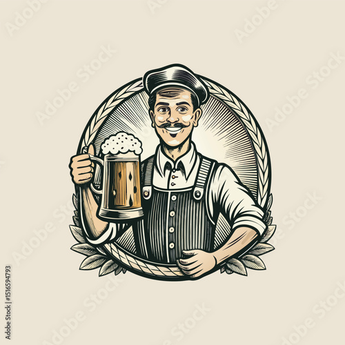 Retro vector cartoon artwork of an old man worker or miner holding a beer mug, perfect for an icon or poster graphic within a shield or circle
