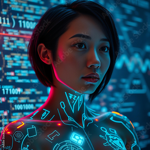 Donna Asiatica con Tatuaggi Digitali Interattivi e Sfondo Schermo Olografico photo