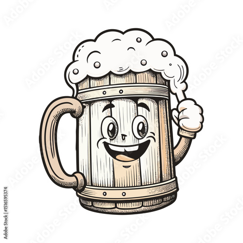 Cartoon vector illustration of a cold lager beer mug with frothy foam, perfect for pub or party celebration