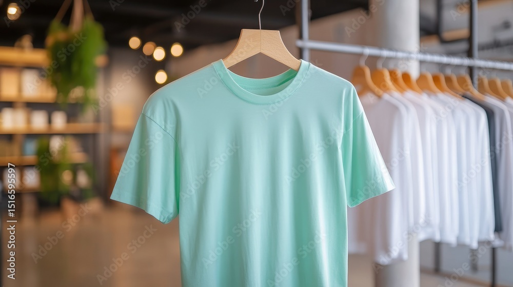 Mint green t-shirt on a hanger in a store Mint green t-shirt on a hanger in a store