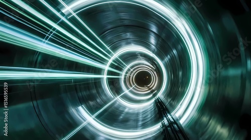 A circular tunnel glowing with electric white and green light, light trails streaking in rapid motion, creating an energetic digital journey 
