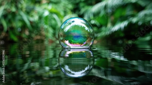 Wallpaper Mural Magical soap bubble floating on calm water surface in a lush green tropical setting. The transparent sphere reflects rainbow colors while jungle foliage creates a serene, mystical atmosphere. Torontodigital.ca