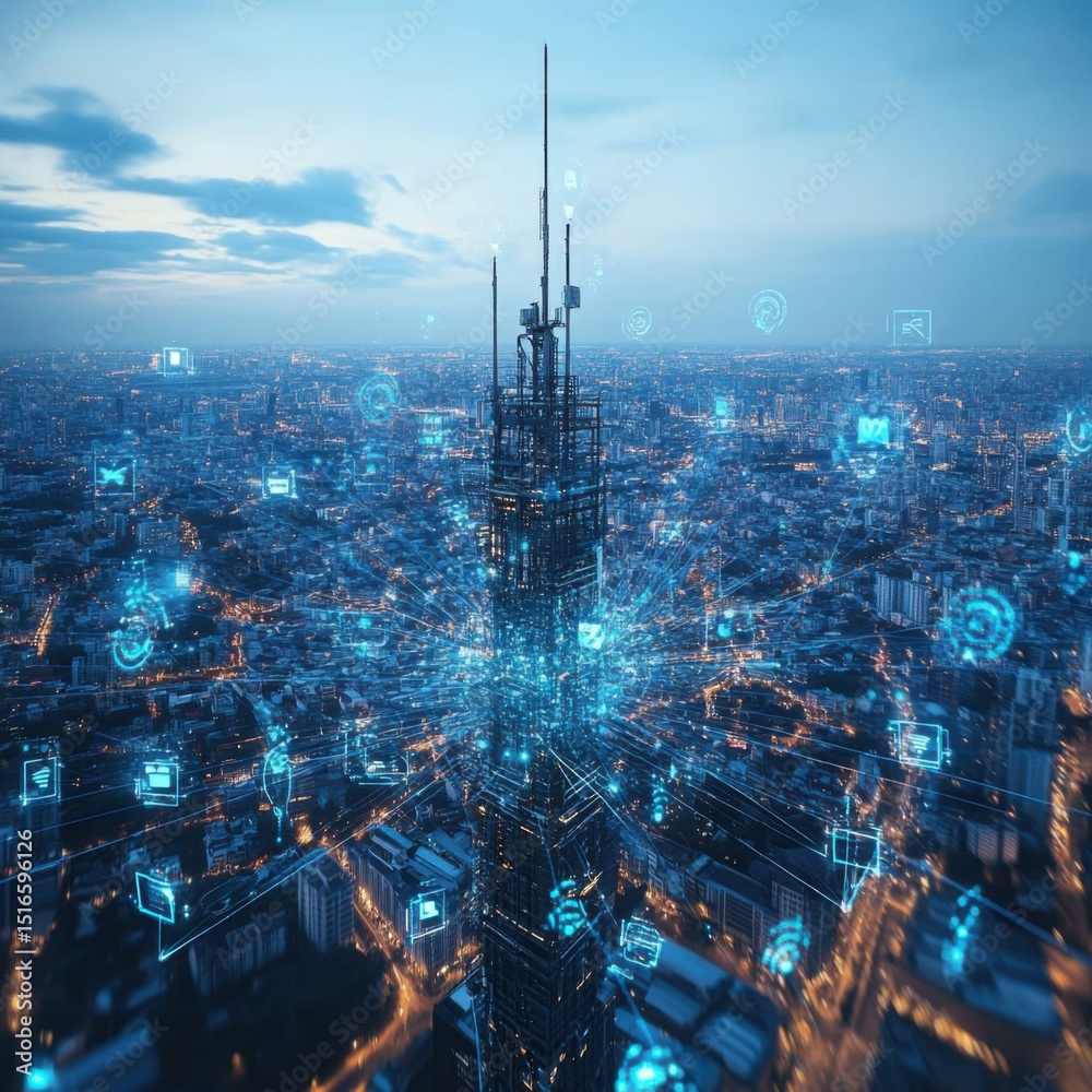 Obraz premium Aerial view of a futuristic city skyline at dusk with digital overlays representing technology