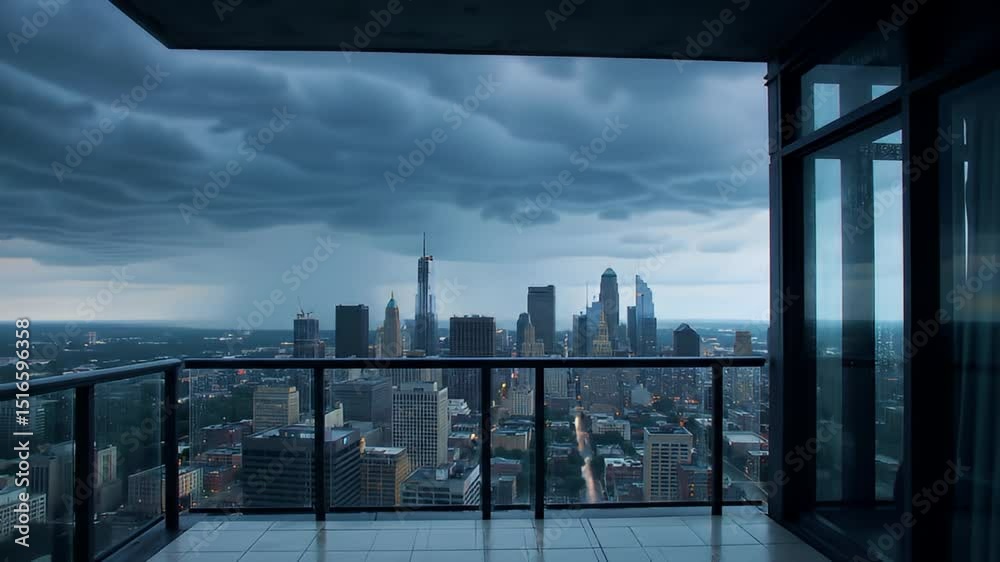 Dramatic Night City Skyline with Lightning Strike from Balcony View Dramatic Night City Skyline with Lightning Strike from Balcony View
