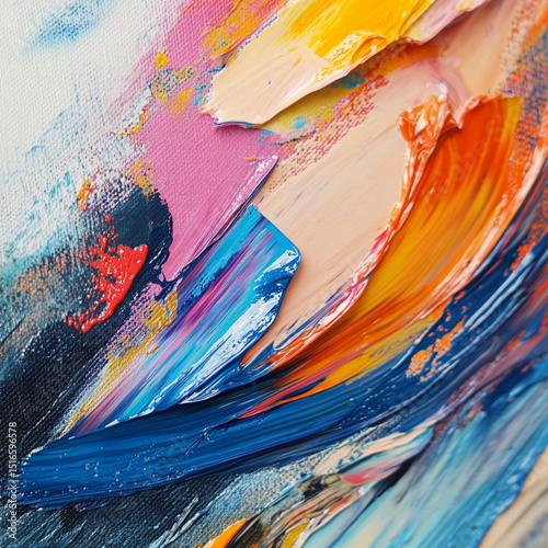 A close-up of thick, colorful strokes on a canvas