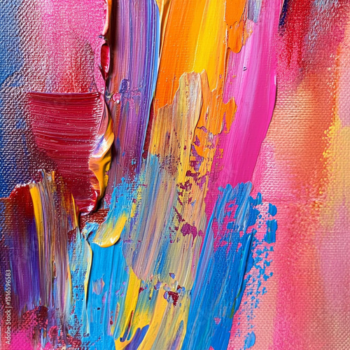 A close-up of thick, colorful strokes on a canvas