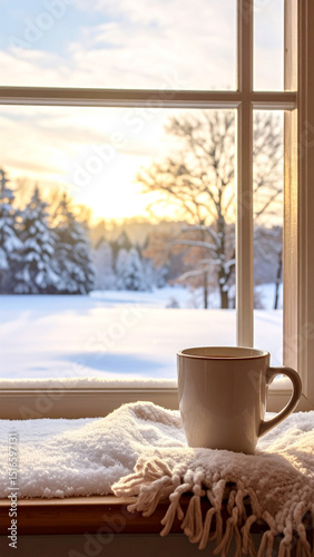 A warm cup of coffee on a snowy window sill with a winter view