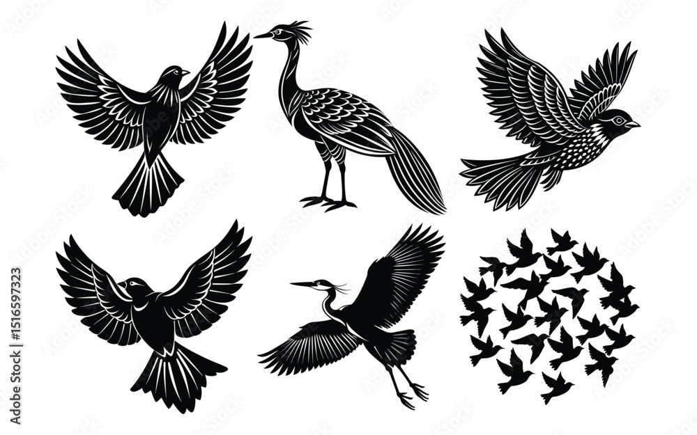Obraz premium Black vector set of flying bird silhouettes with wings illustration.