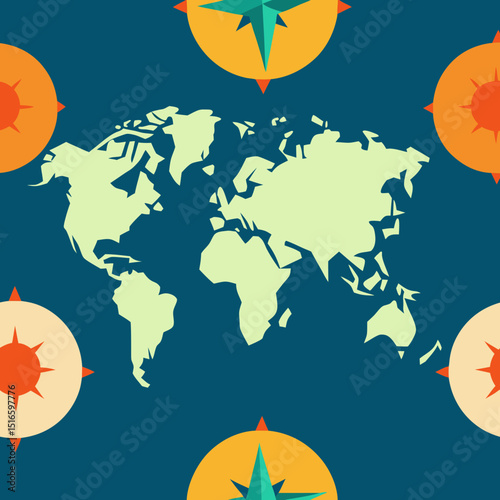seamless world map and compass pattern   continent 