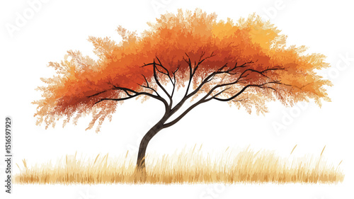 Vibrant Acacia Autumnal Tree and Grass Vector Illustration