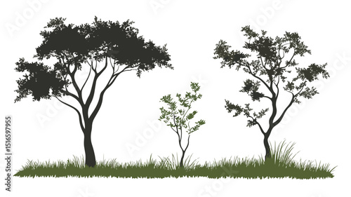 Serene Acacia Tree and Grass Silhouette Vector Illustration