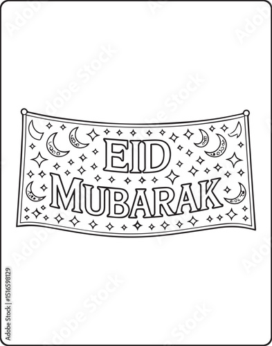Eid mubarak text outline with moon and stars decoration vector line art coloring page for kids