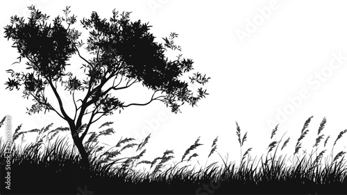 Serene Acacia Tree and Grass Silhouette Vector Illustration