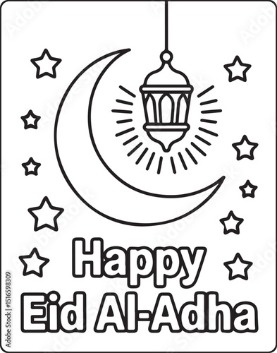 Happy eid al adha mubarak coloring page for kids with hanging lantern, crescent moon, stars outline vector illustration