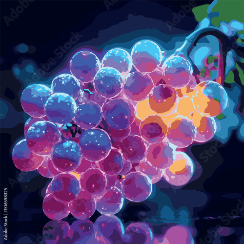 color 3D image of a bunch of grapes on a branch with leaves on a dark background, logo, graphics, vector
