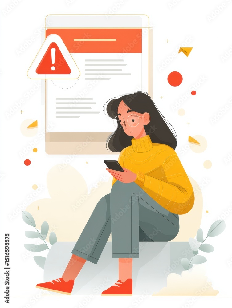 Illustration of a Person Focused on a Smartphone While a Warning Notification Obscures Part of the View, Set in a Colorful Background Illustration of a Person Focused on a Smartphone While a Warning Notification Obscures Part of the View, Set in a Colorful Background